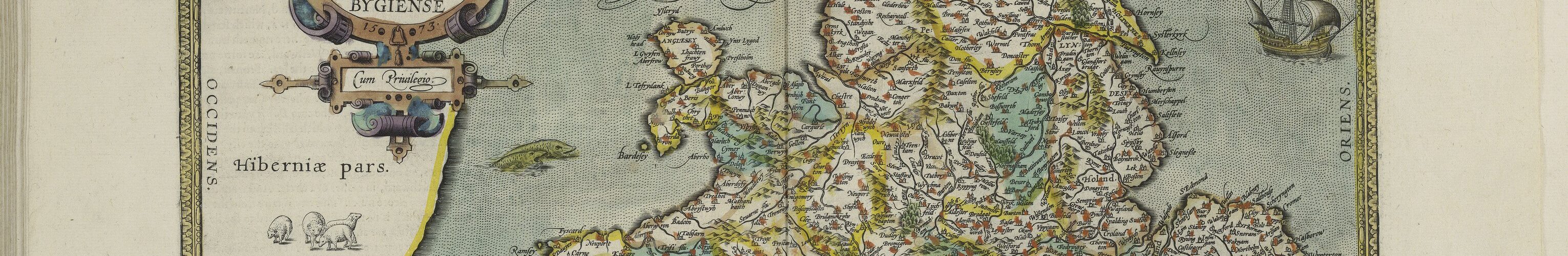 color outlined map of England by Ortelius