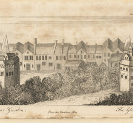 drawing of the bear garden and Globe theatre in London from the 19th Century