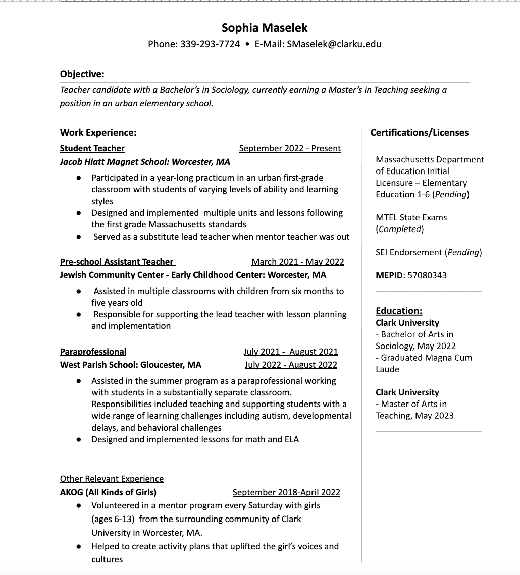 Resume – Sophia Maselek – 2023 MAT Portfolio