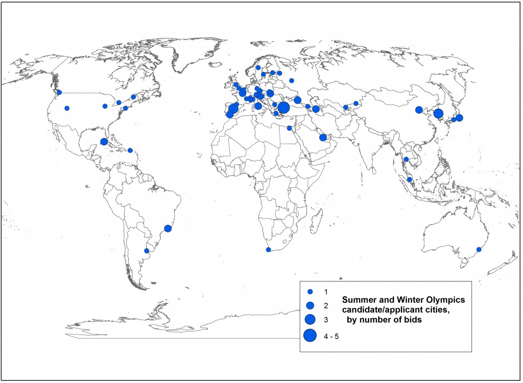 Bids to host a Summer or Winter Games, 2000-2020 (bids date from 1991-2013) Assembled from a variety of archival sources; cartography by the author