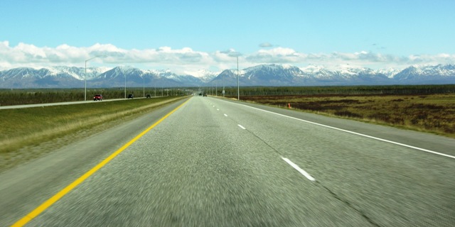 The Journey Begins: View from the van’s front seat on the way into Wasilla