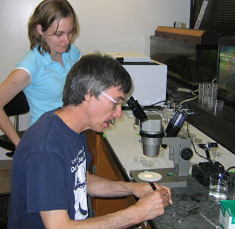 Prof. Baker and Jenna working in the lab, Alaska, 2006. 