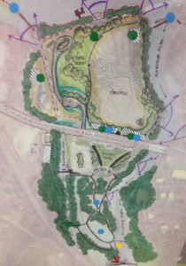 One potential plan for the site, blue and green dots represent entities that were received well by the community.