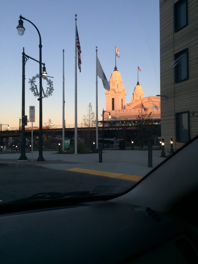 Downtown Worcester and Union Station (as seen from a car).