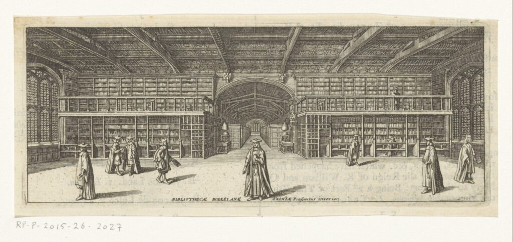 black and white engraved image of the interior of Bodleian Library at Oxford